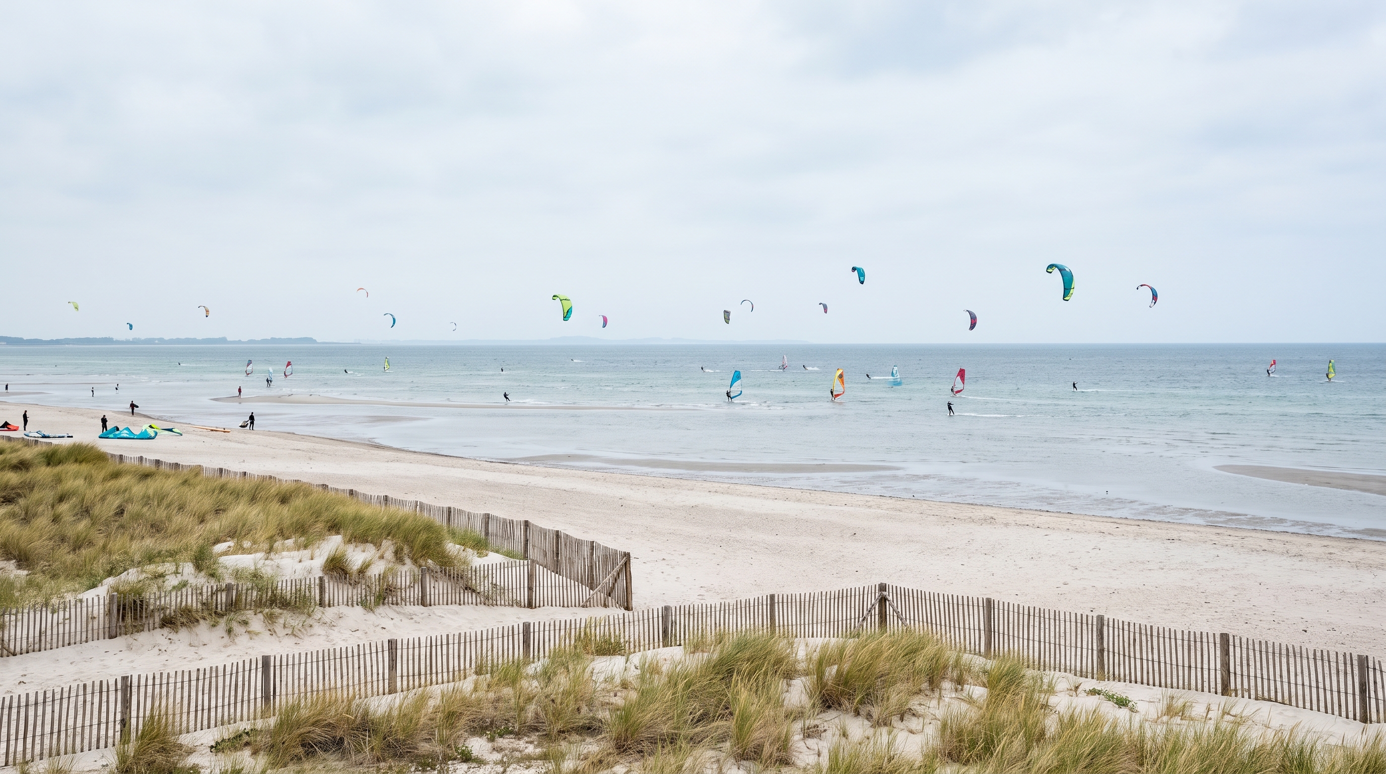 Viele Kites am Himmel ueber einem Ostsee-Strand