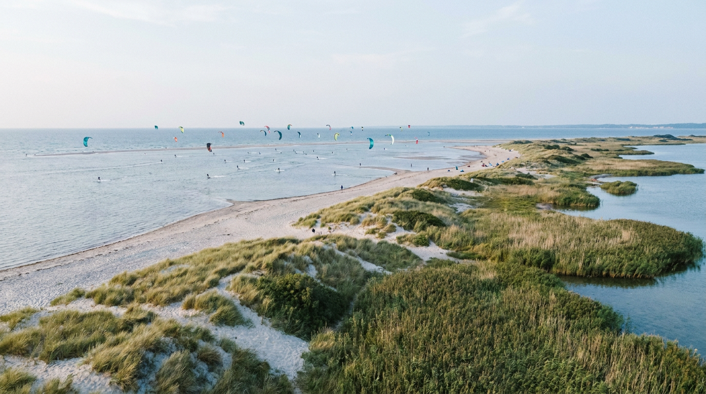 Kitesurfer im flachen Wasser vor dem Strand