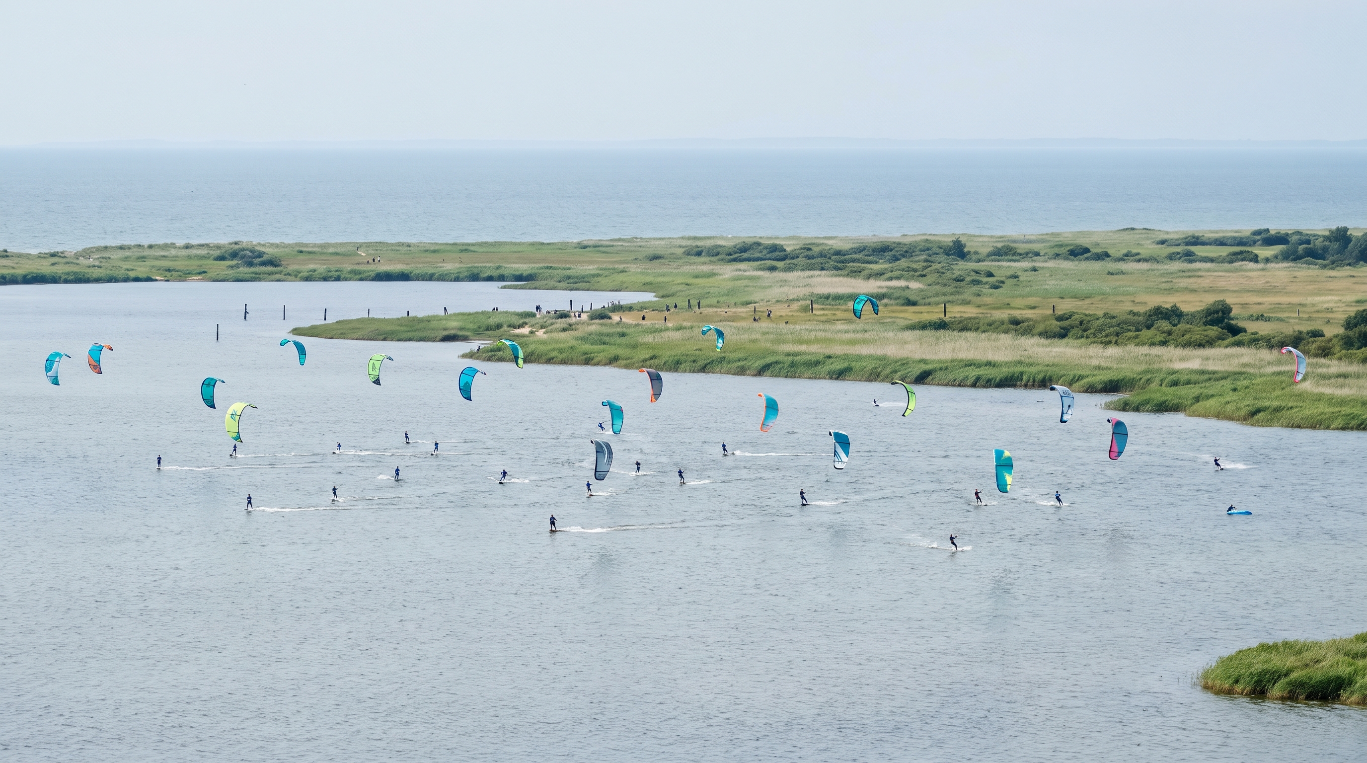 Gruppe lernt Kitesurfen im flachen Wasser