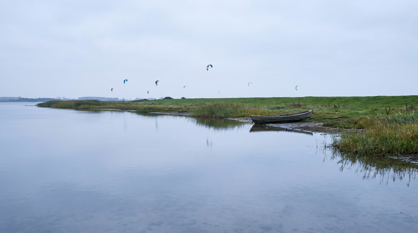 Kites ueber flachem Stehrevier