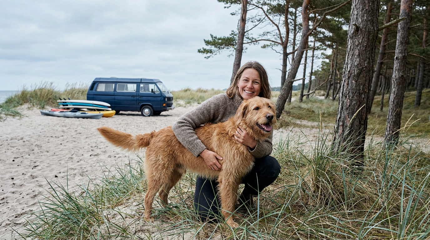 With a dog at the spot