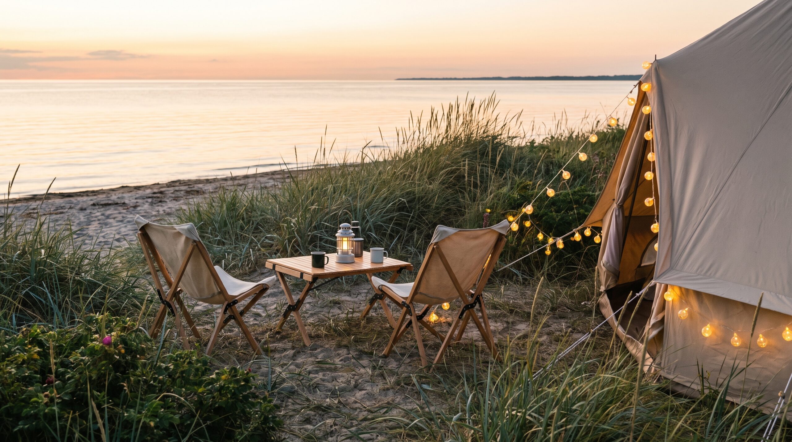 Camping: slap af ved spottet , stol, hængekøje og hyggeligt lys