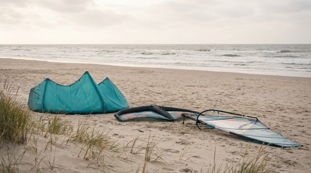 Kite, Wing e rig de Windsurf lado a lado na praia