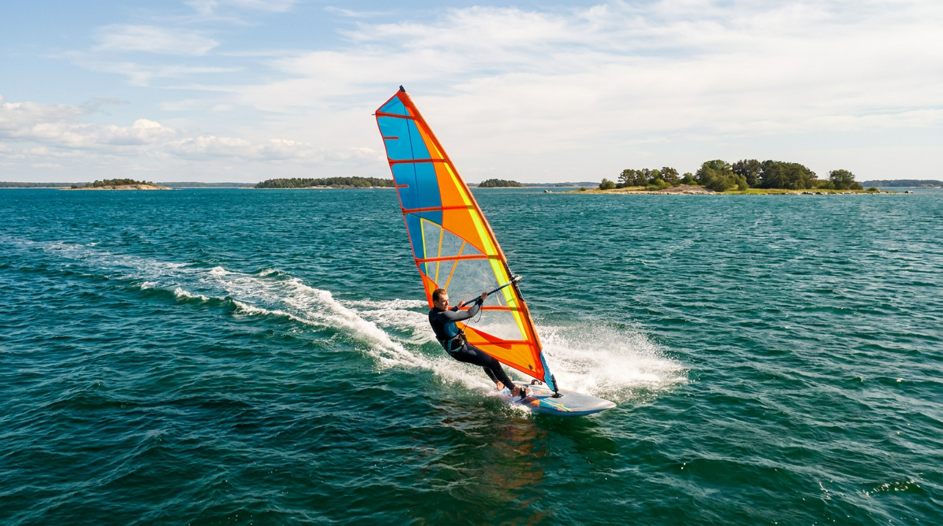 Windsurfer com vela montada