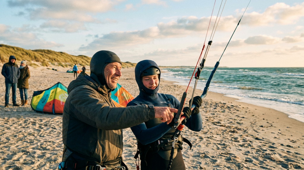 Instrutor de kitesurf ajudando um iniciante na praia