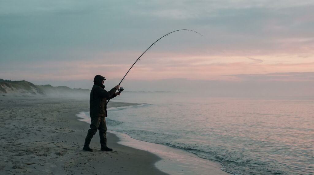 Pescador na pesca de arrebentação em uma praia do Mar Báltico ao entardecer