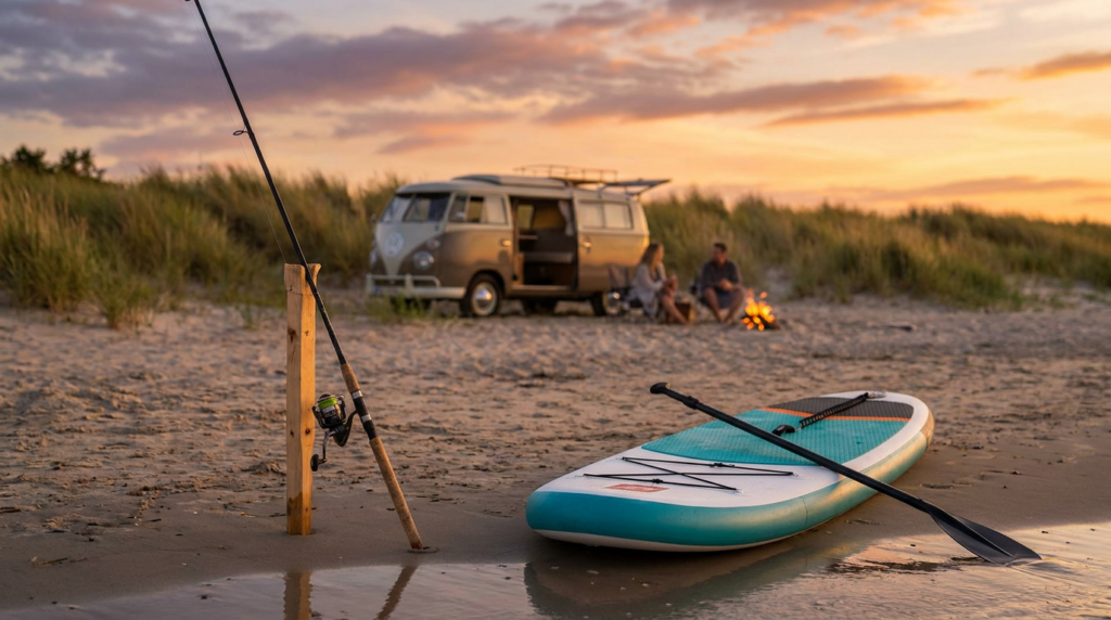 Vara de pesca, prancha de SUP e camper na praia do Mar Báltico ao pôr do sol
