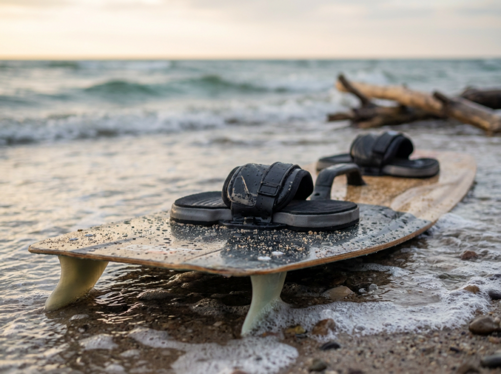 Kiteboard Twintip con correas y quillas en la playa