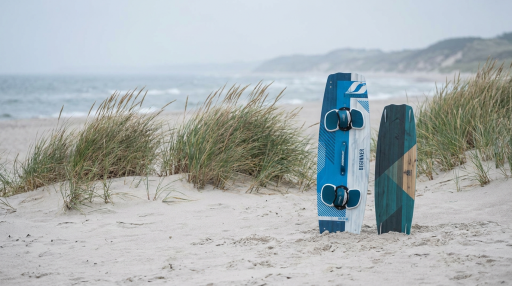 Dos kiteboards Twintip de distintos tamaños en la arena