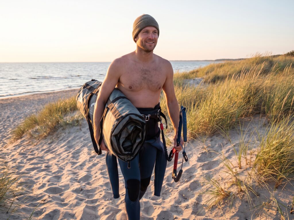 Kitesurfista chega com segurança à praia com o kite empacotado