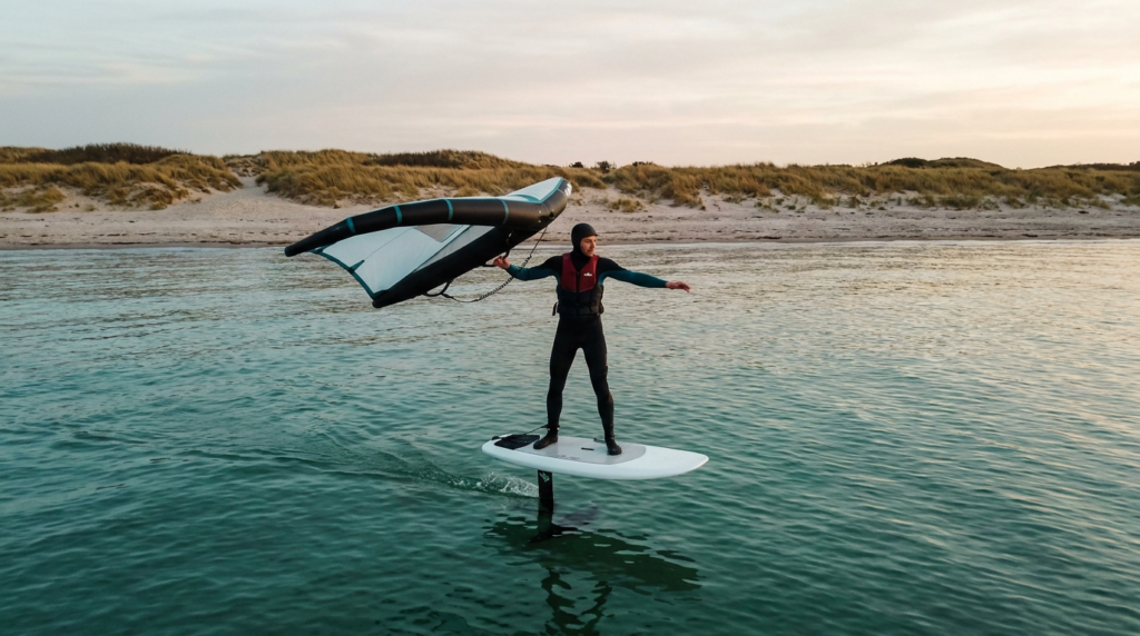 Iniciante encontra o equilíbrio na foilboard em água rasa