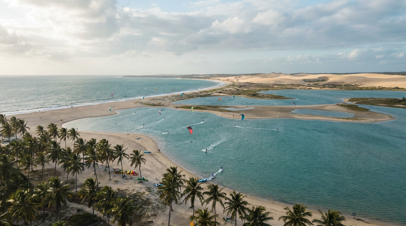 Kitesurfing at the lagoons of Cumbuco in Ceará, Brazil