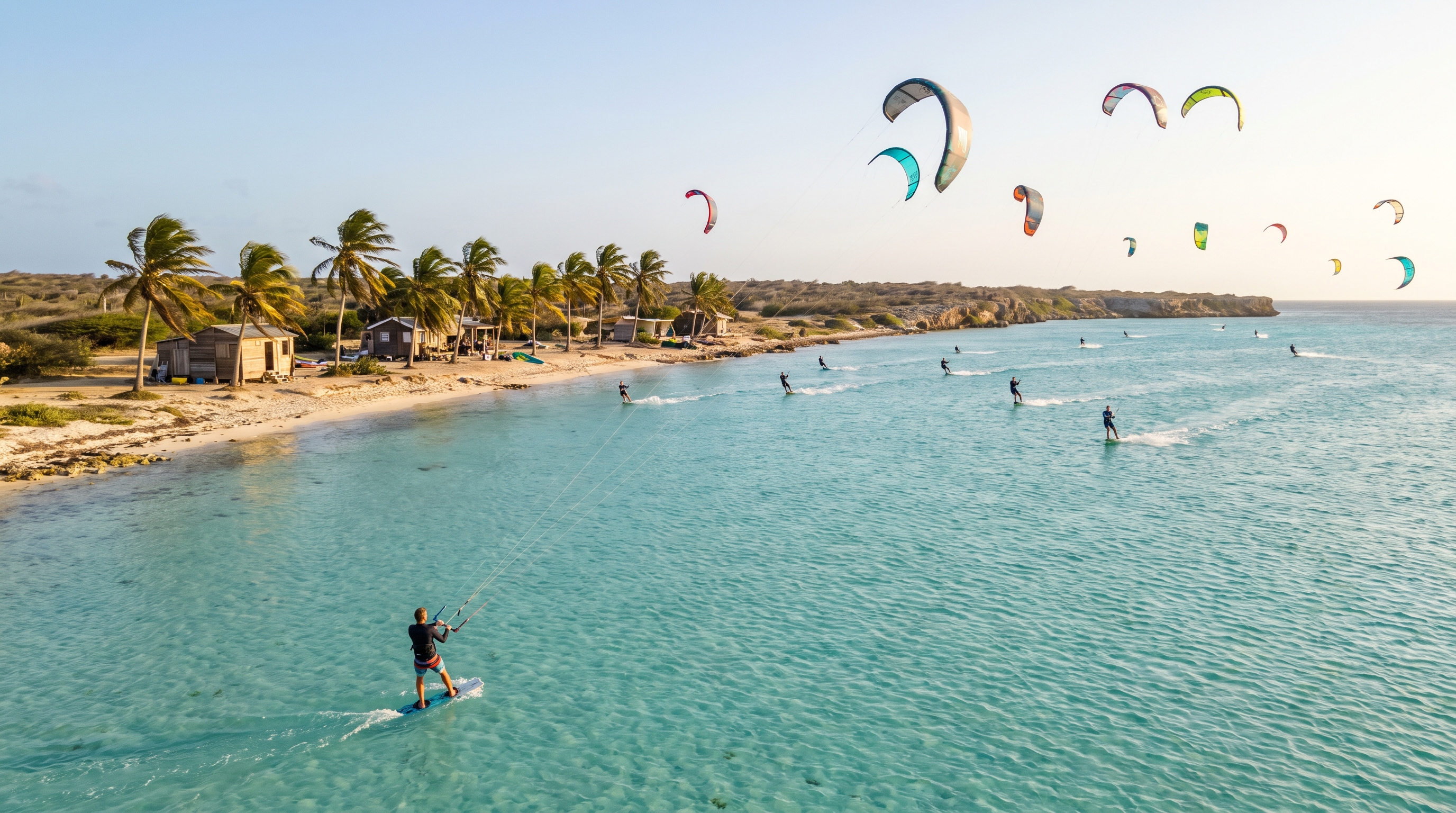 Kitesurfing in the flat turquoise Lac Bay lagoon on Bonaire in the Antilles