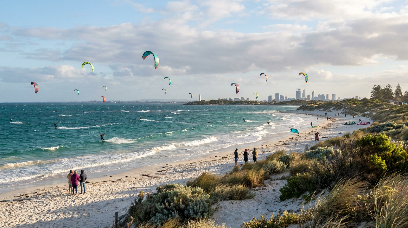 Kitesurfing spot near Perth in Western Australia with turquoise water and sandy beach