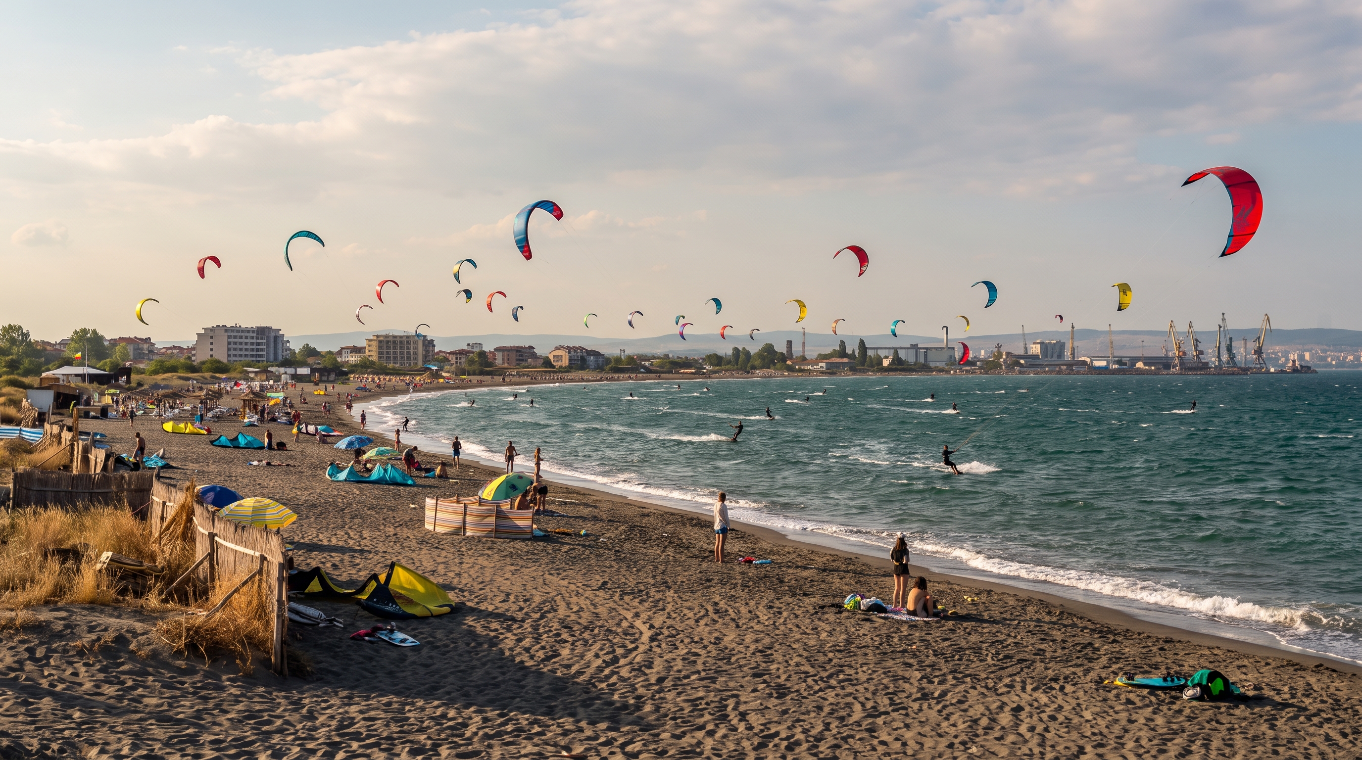 Kitesurfing in a sandy Black Sea bay in Bulgaria