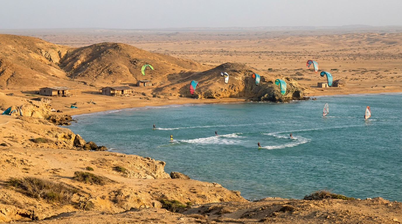 Kitesurfing on the desert coast of Cabo de la Vela in Colombia