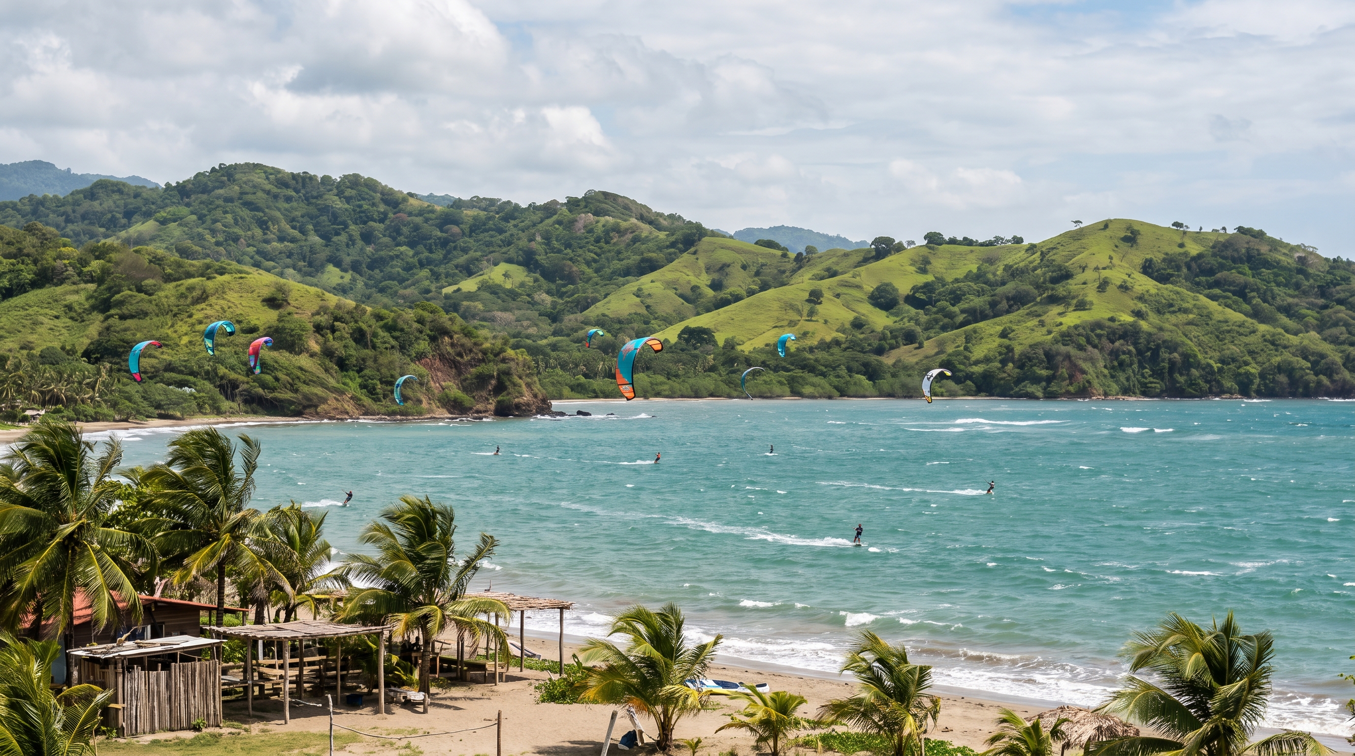 Kitesurfing in Costa Rica , strong wind over a green tropical landscape