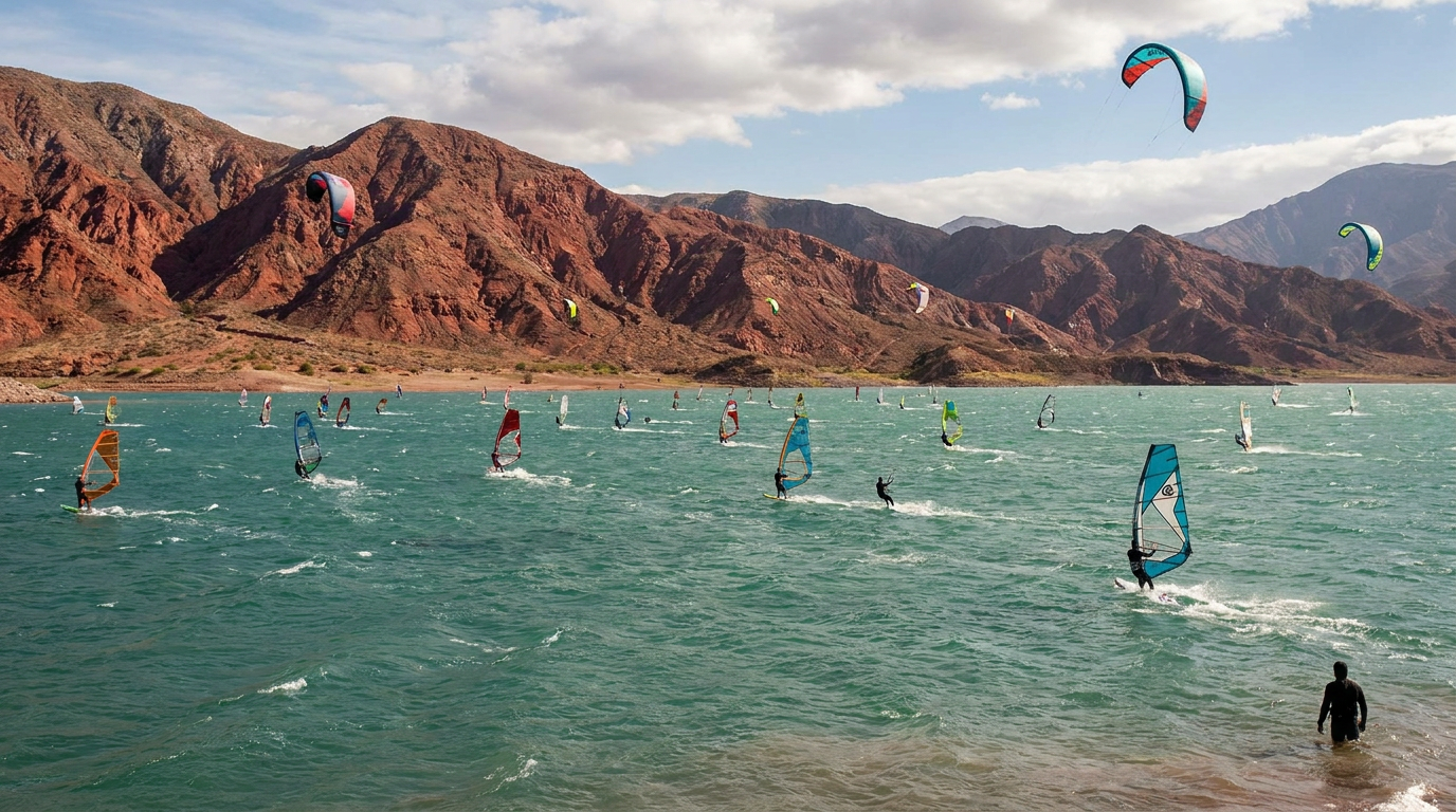 Cuesta del Viento , turquoise desert reservoir near Rodeo in Argentina
