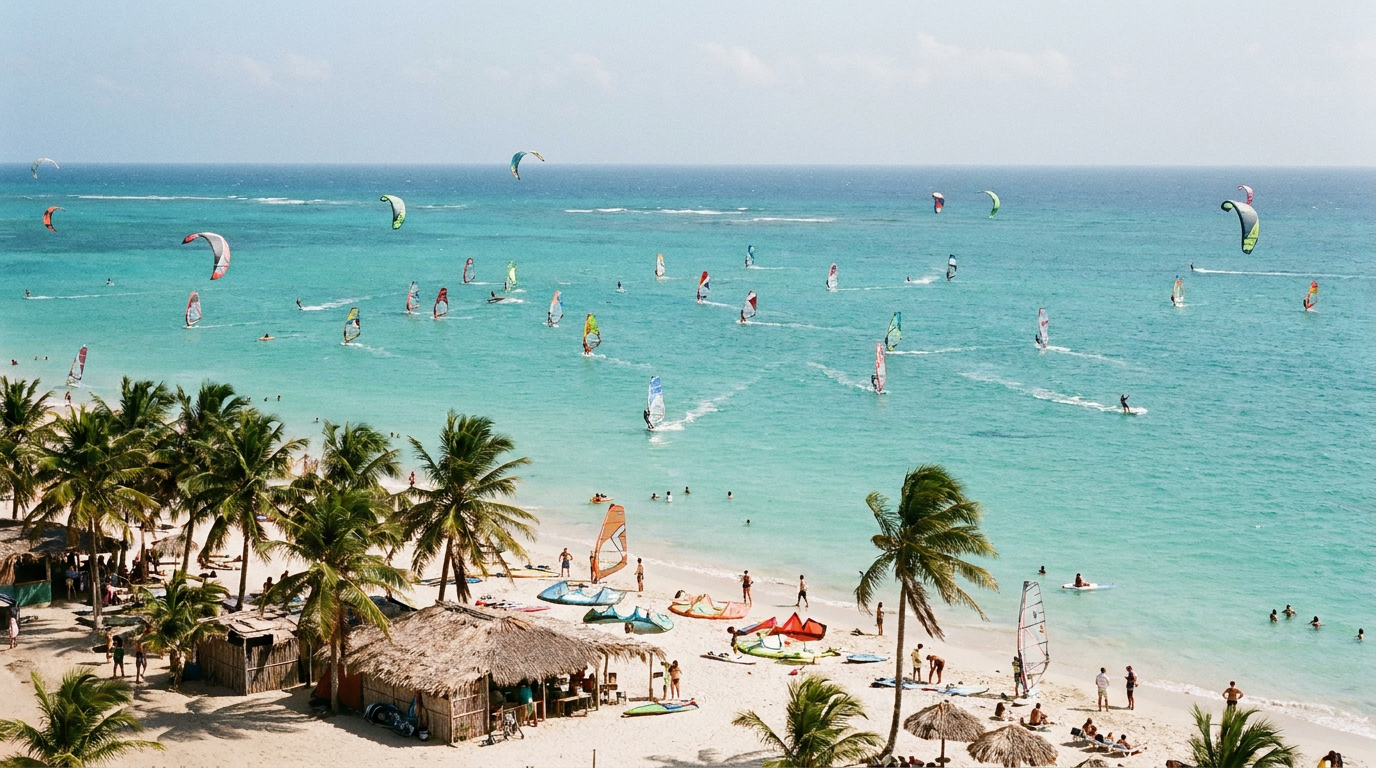 Kitesurfing and windsurfing in the flat water of El Yaque on Isla Margarita