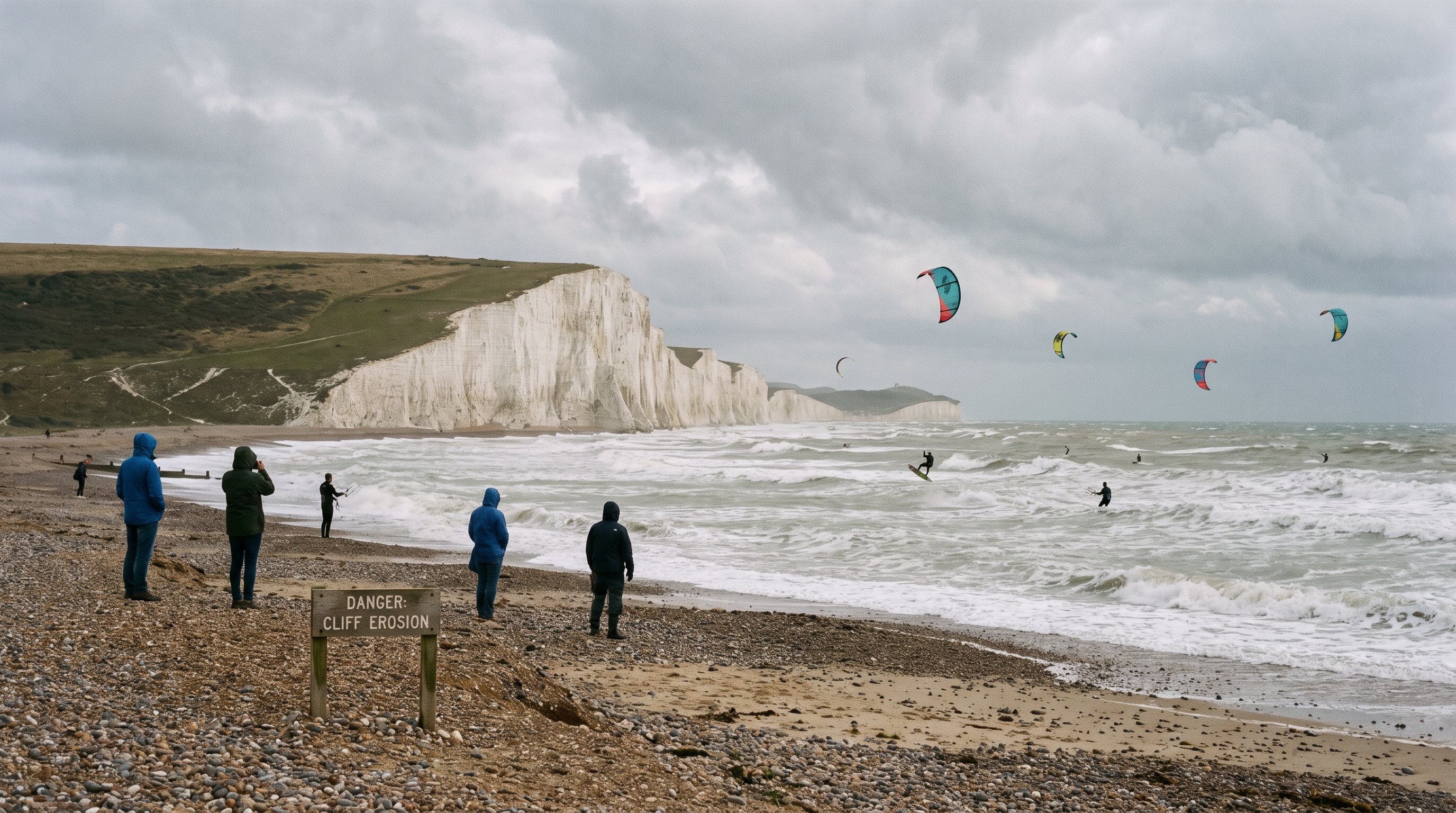 Kitesurfing on England's south coast in front of the classic white chalk cliffs