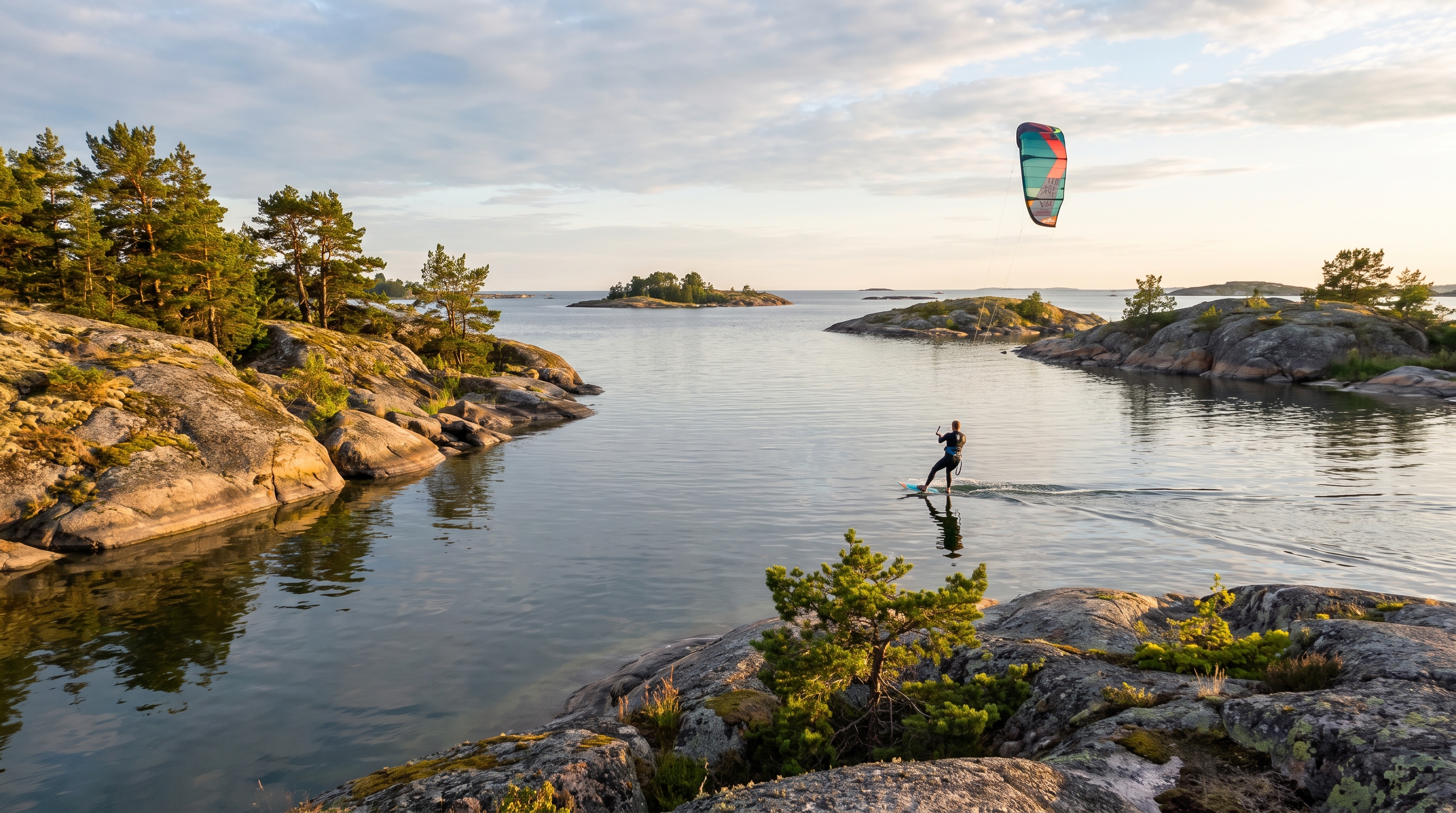 Kitesurfer in the Finnish archipelago with granite islands, pines and calm bays