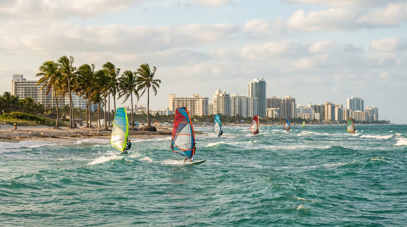 Kitesurfing near Miami and the Florida Keys with turquoise water and skyline