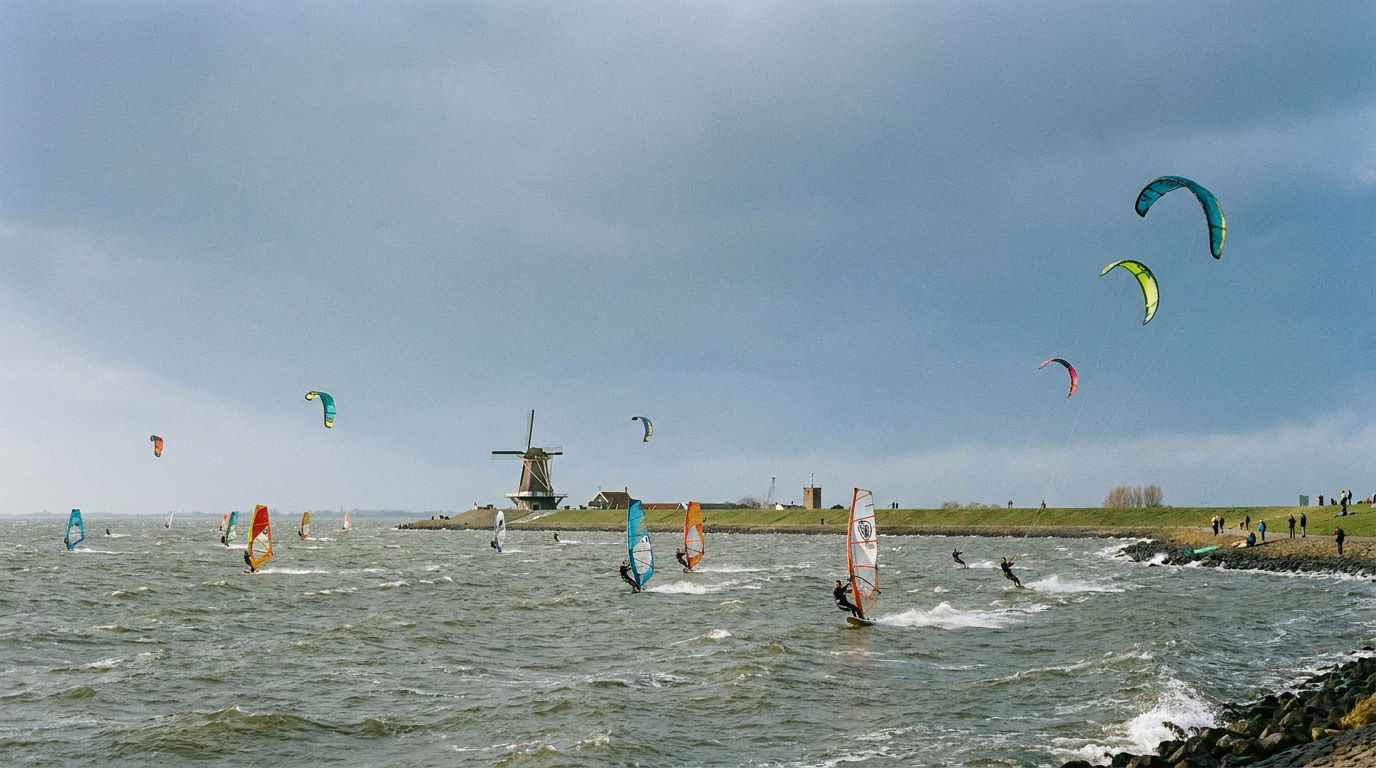 Kitesurf spot IJsselmeer in Holland , wind-reliable flat water with dikes and windmills