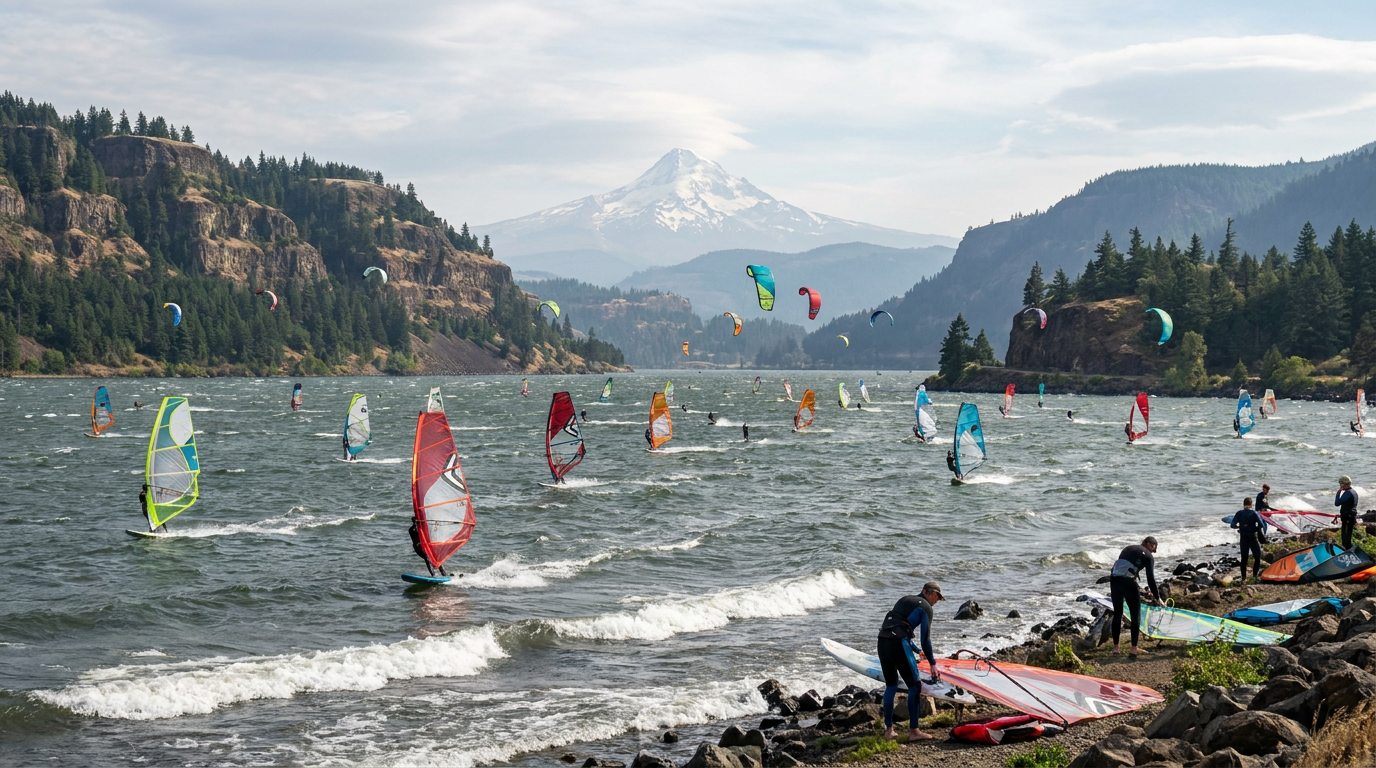 Windsurfers and kiters on the Columbia River near Hood River in Oregon