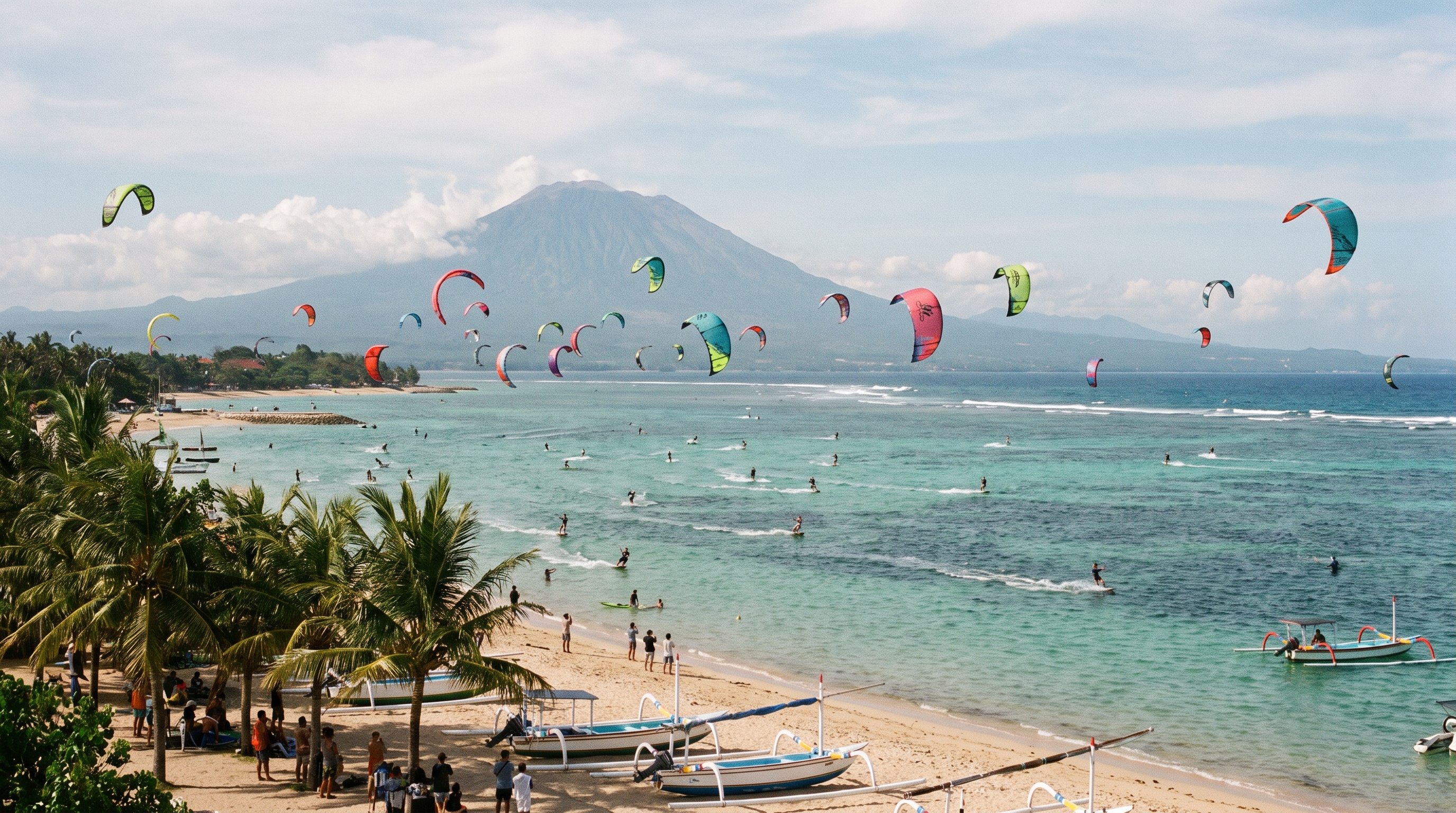 Kitesurfing in a turquoise reef lagoon with volcano scenery on Bali