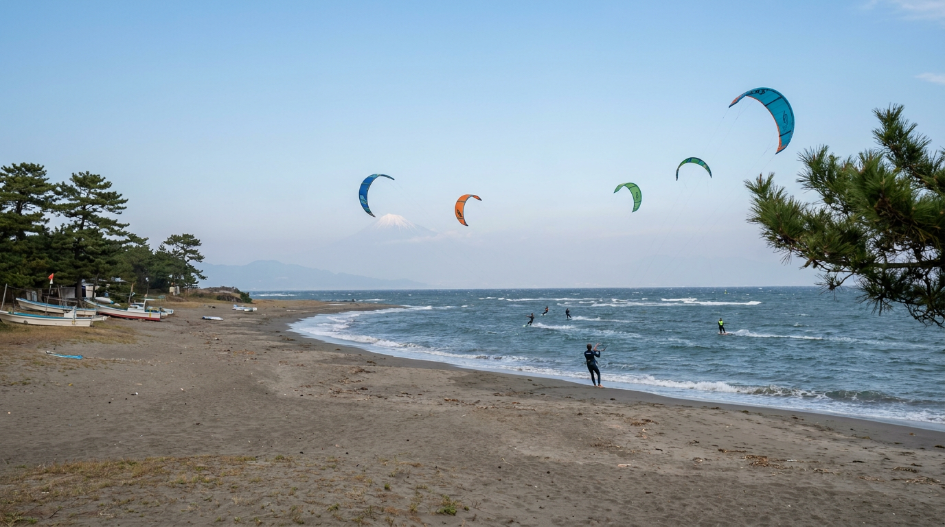 Kitesurfing spot on the Japanese coast near Tokyo with a view of the Fuji