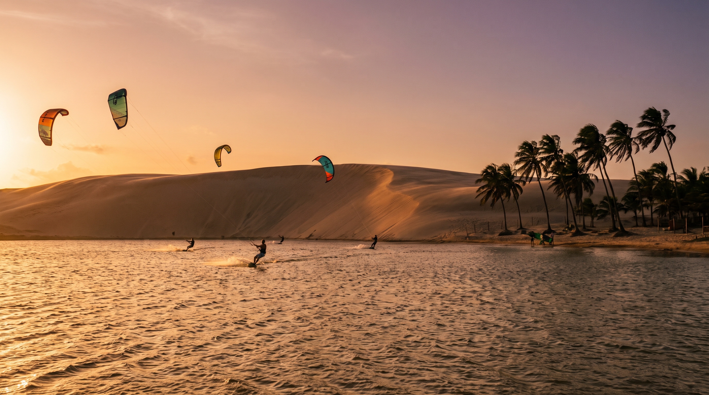 Kitesurfing at the lagoons of Jericoacoara in Brazil