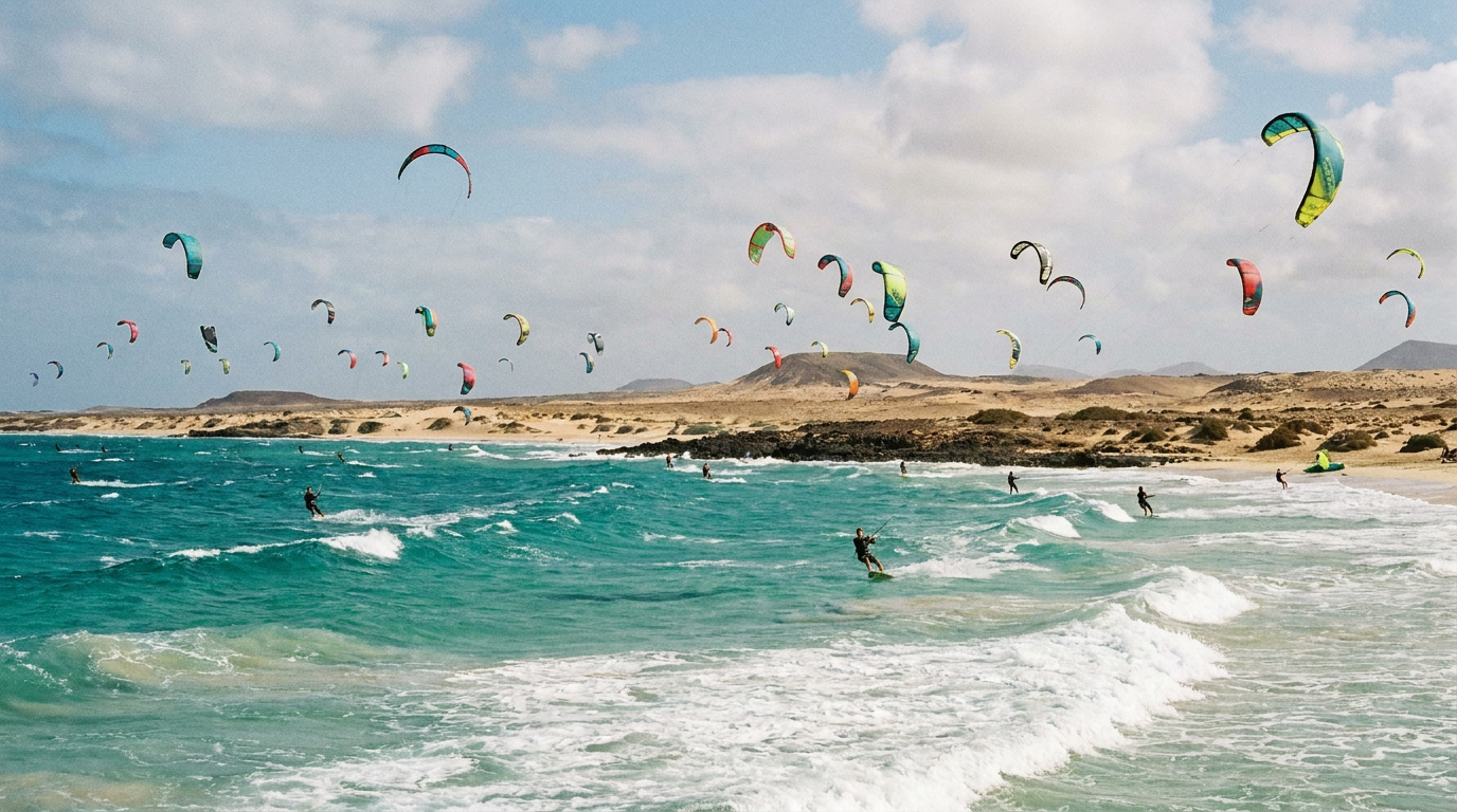 Kitesurfing in Cape Verde , strong trade wind at the Kite Beach of Santa Maria on Sal