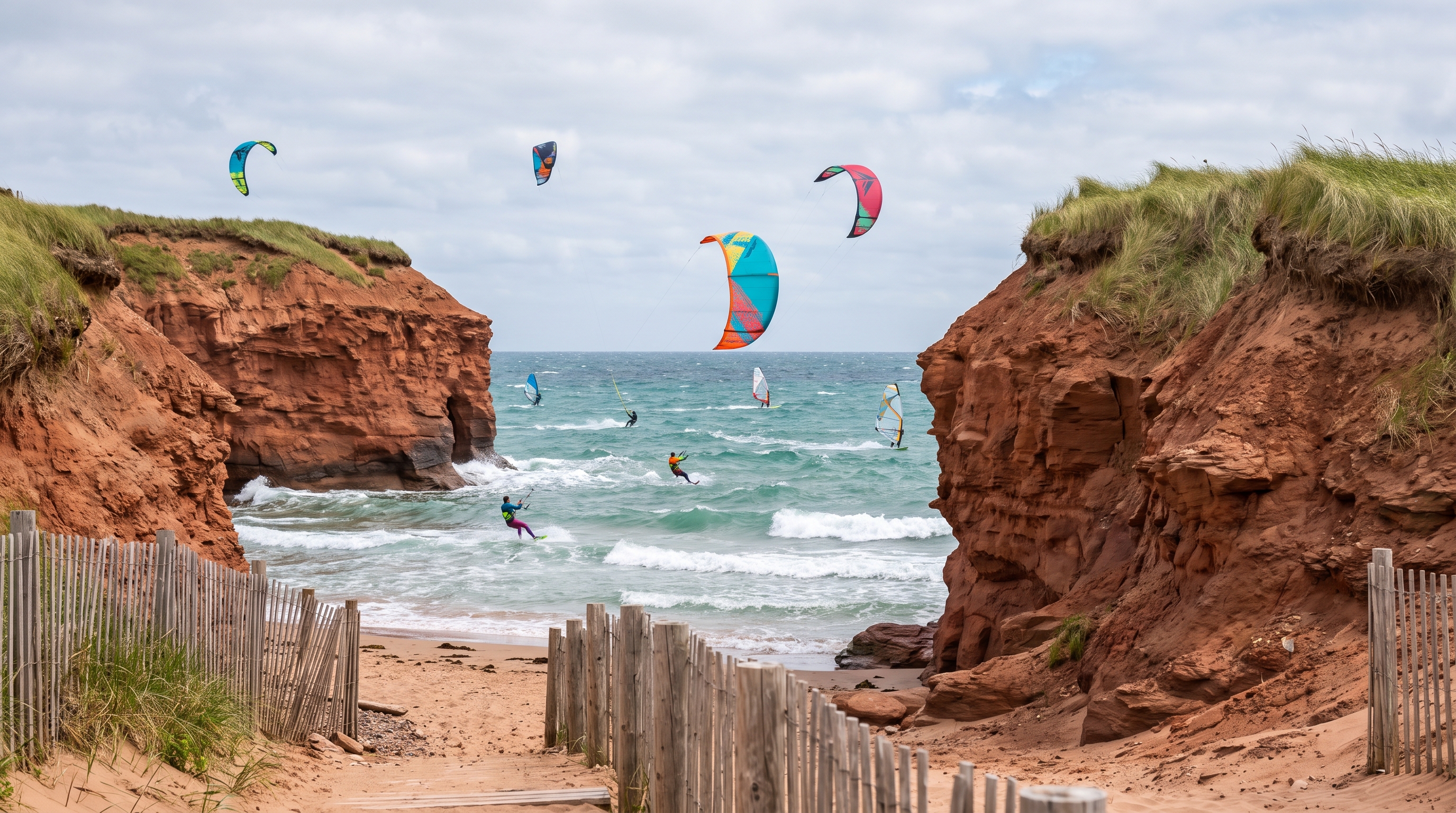 Kitesurfing at the Iles de la Madeleine in the Gulf of St. Lawrence, turquoise water between red cliffs and dunes