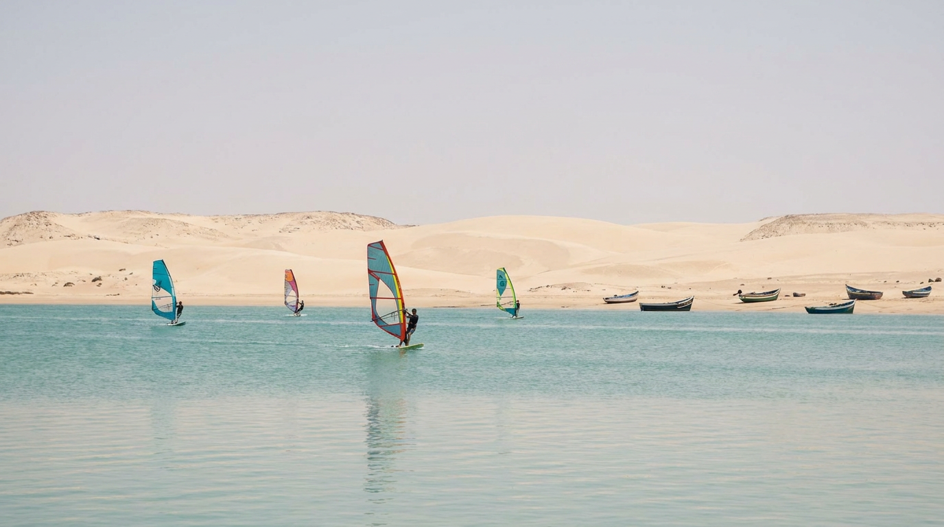 Kitesurfing in the flat-water lagoon of Dakhla in Morocco