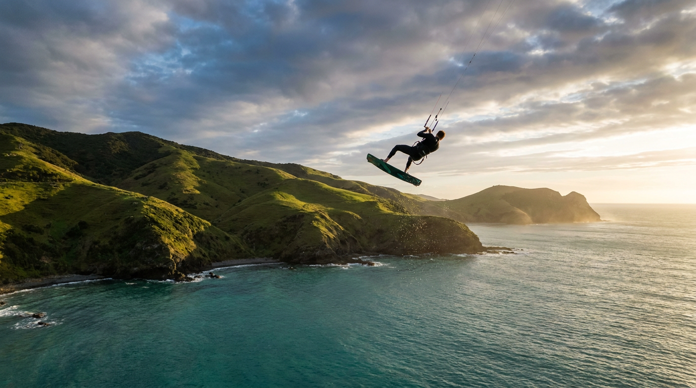 Kitesurfing spot on the New Zealand coast with green scenery and clear water