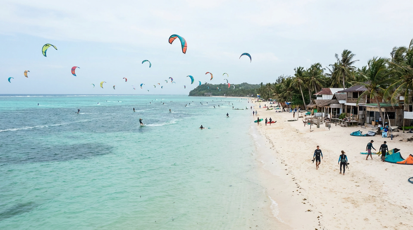 Kitesurfing in the shallow turquoise lagoon of Bulabog on Boracay