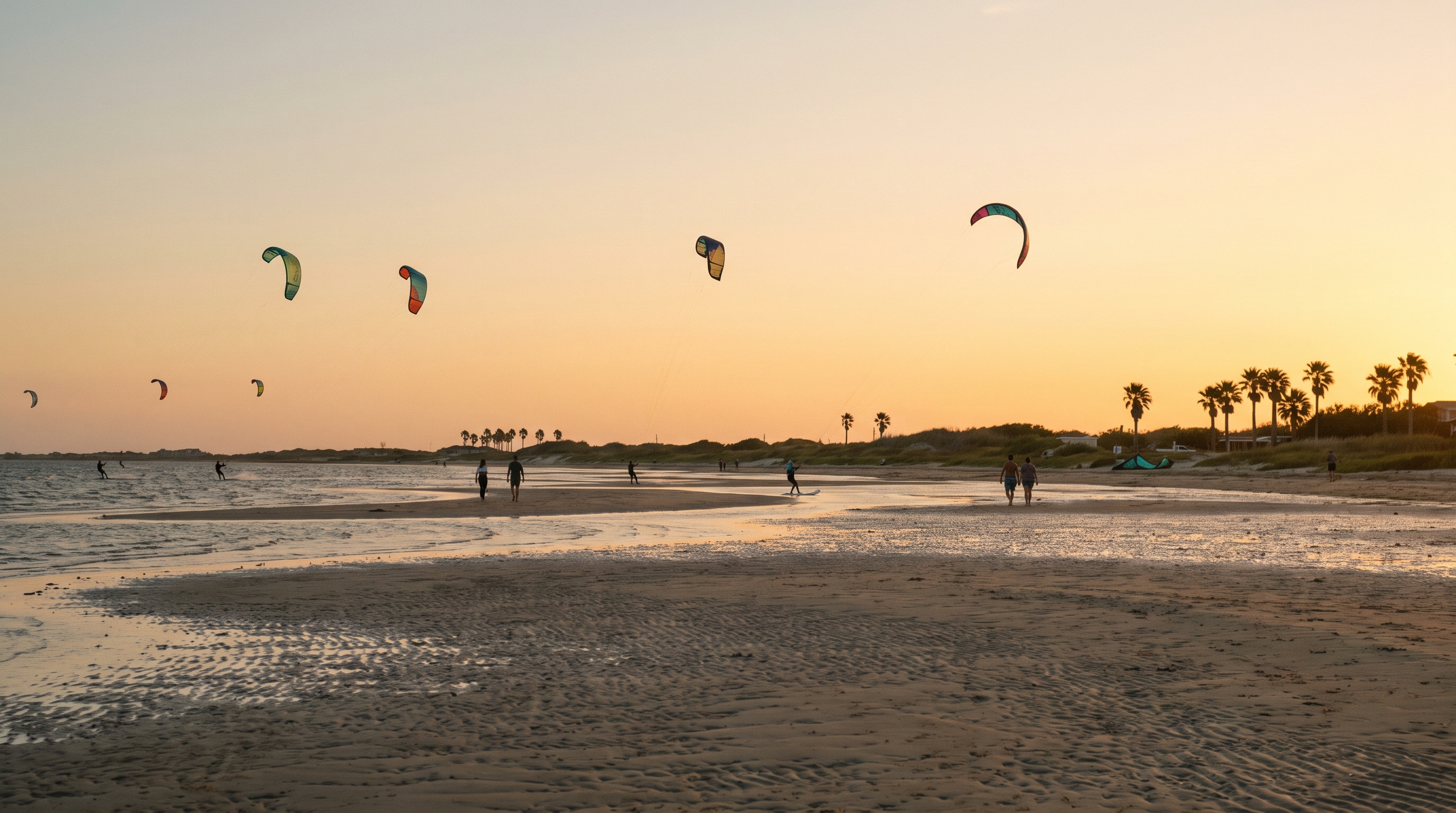 Kitesurfing in the shallow standing water of Laguna Madre at South Padre Island in Texas