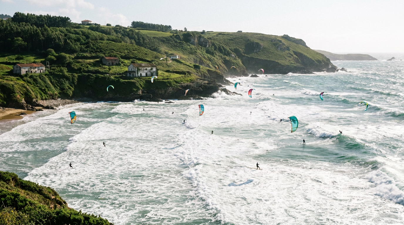 Kitesurfing on Spain's rugged Atlantic north coast with strong wind and waves