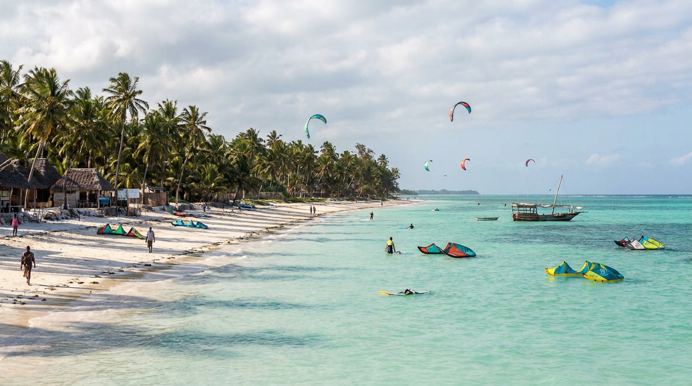 Kitesurfing on Zanzibar , turquoise flat-water lagoon of Paje with white sand