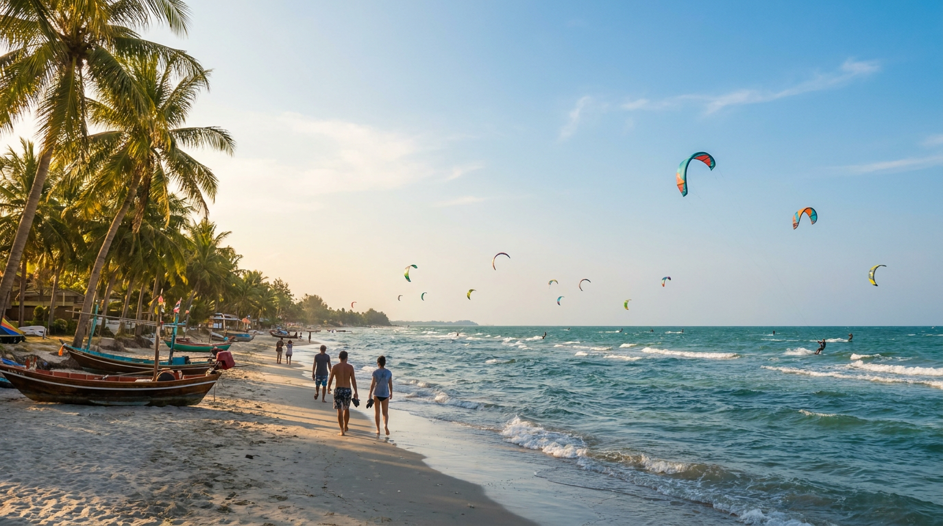 Kitesurfing in Hua Hin, Thailand , warm beginner spot on the gulf