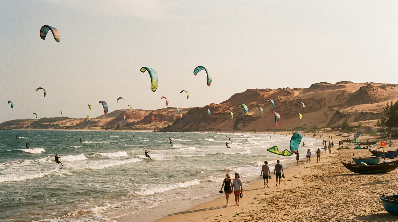 Kitesurfing in Mui Ne, Vietnam , steady wind by the sea